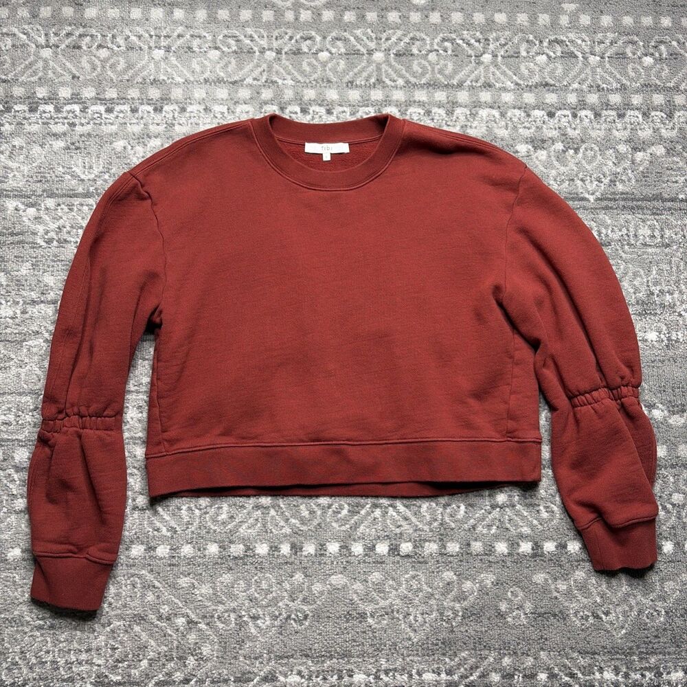Tibi Cropped Sweatshirt Brick Red Large Puffed Sleeves Elevated Chic